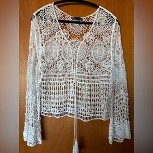 SHEIN Boho Crochet Lace Tie Front Top | Festival Beach Cover Up | White | Small